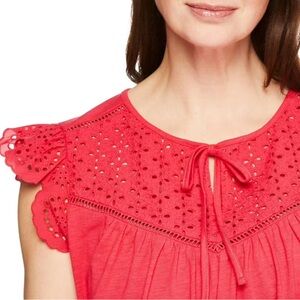 24” Women's Eyelet Lace Red Top with flutter sleeve